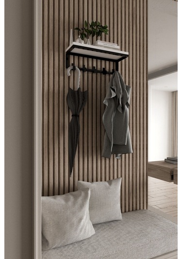 Aju Modern Portmanto Duvar Tipi Askılık Ve Raf Ceket Şemsiye Çanta Havlu Elbise Posta Hol Koridor Askısı Siyah