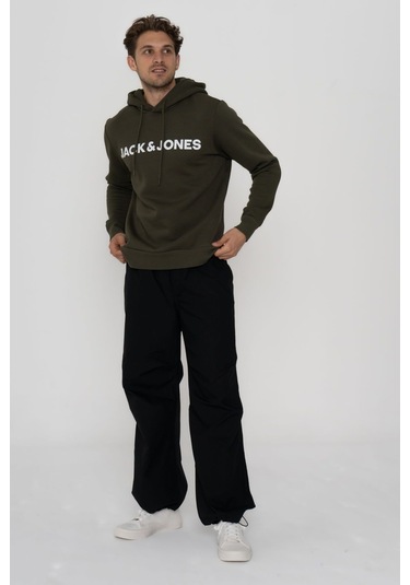 Jack & Jones Erkek Logo Baskili Kapüsonlu Sweatshirt - Deldrick 12193083 Forest Night Siyah
