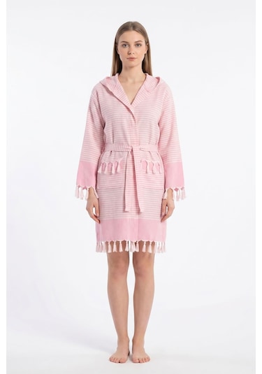 Kapşonlu Unisex Peştemal Plaj Bornozu %100 Pamuklu Seaside Stripe Pembe