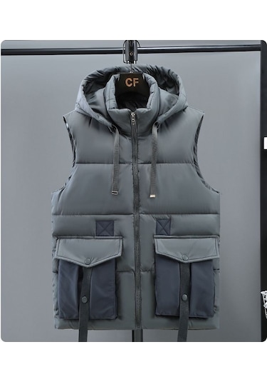 Erkek Pamuklu Yelek Sonbahar Ve Kış Kalın Öğrenci Kapüşonlu Yelek Ceket Şık Yelek Sıcak Yelek Haki