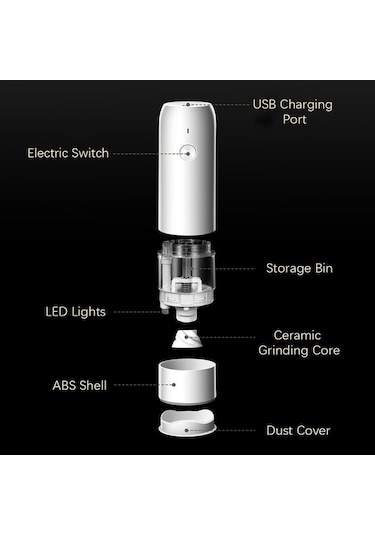 Createtech Aromalı Elektrikli Öğütücü, 6 Hız Ayarlı, Usb Şarjlı, Tuz/biber İçin, Beyaz Beyaz