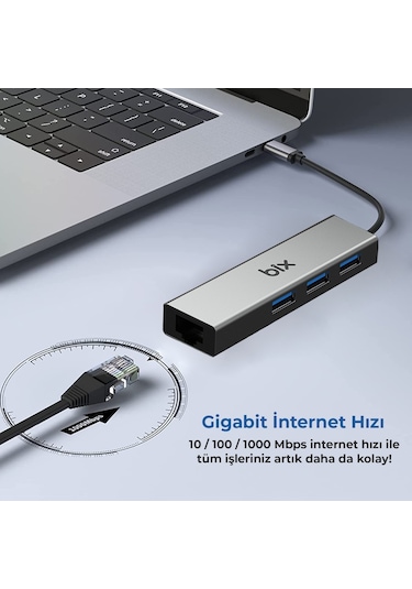 Bix BX06HB 5Gbps 10/100/1000Mbps RJ45 Ethernet Dönüştürücü USB 3.0 Çoklayıcı Adaptör