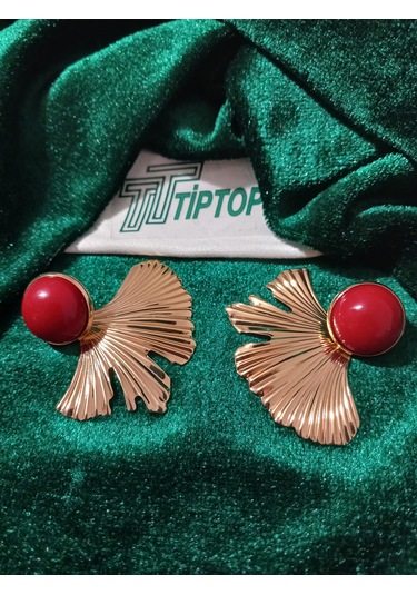 Tiptop/ Bordo Mineli Gold Yaprak Küpe Altın - Kırmızı