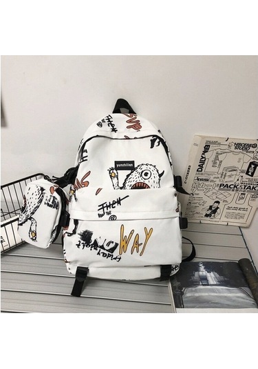 Genç Erkekler İçin Şık Ve Dayanıklı Ortaokul Lise Öğrenci Sırt Çantası - Büyük Kapasiteli Grafik Tasarımlı Moda Trendi Okul Ve Seyahat Çantası Beyaz