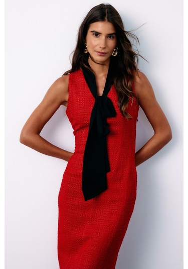 Sateen Fularlı Kolsuz Tüvit Elbise - Kırmızı-135148 Kırmızı