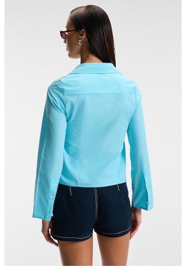 GRINNE Kadın Slim Gömlek Yaka Uzun Kollu İnce Uzun Mavi Gömlek