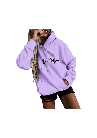 Kaixinjiuhao Kadın Moda Rahat Eğlenceli Baskı Kapşonlu Kazak Gevşek Spor Üstleri Kazak Siyah