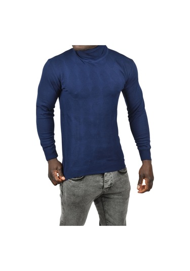 Deepsea Erkek Lacivert Slim Fit Baklava Desenli Tam Balıkçı Yaka Boğazlı Triko Balıkçı Yaka Kazak 2505507 Lacivert