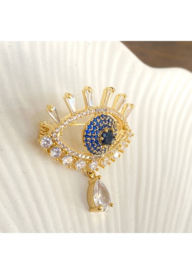Broş Kadın Zirkon Taşlı Nazar Göz Broş Gözyaşı Yaka İğnesi Gold