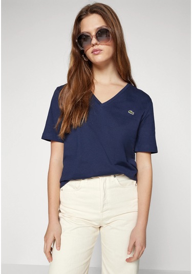 Lacoste Kadın V Yaka T-shirt Classic Logo Nakış Lacivert
