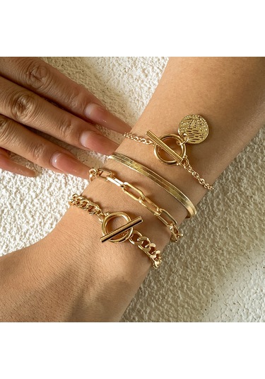 Takı Hip-hop Trendi Yılan Kemiği Zincir Bilezik Seti Retro Metal Ot Tokalı Etiket Bilezik Kadın Diğer