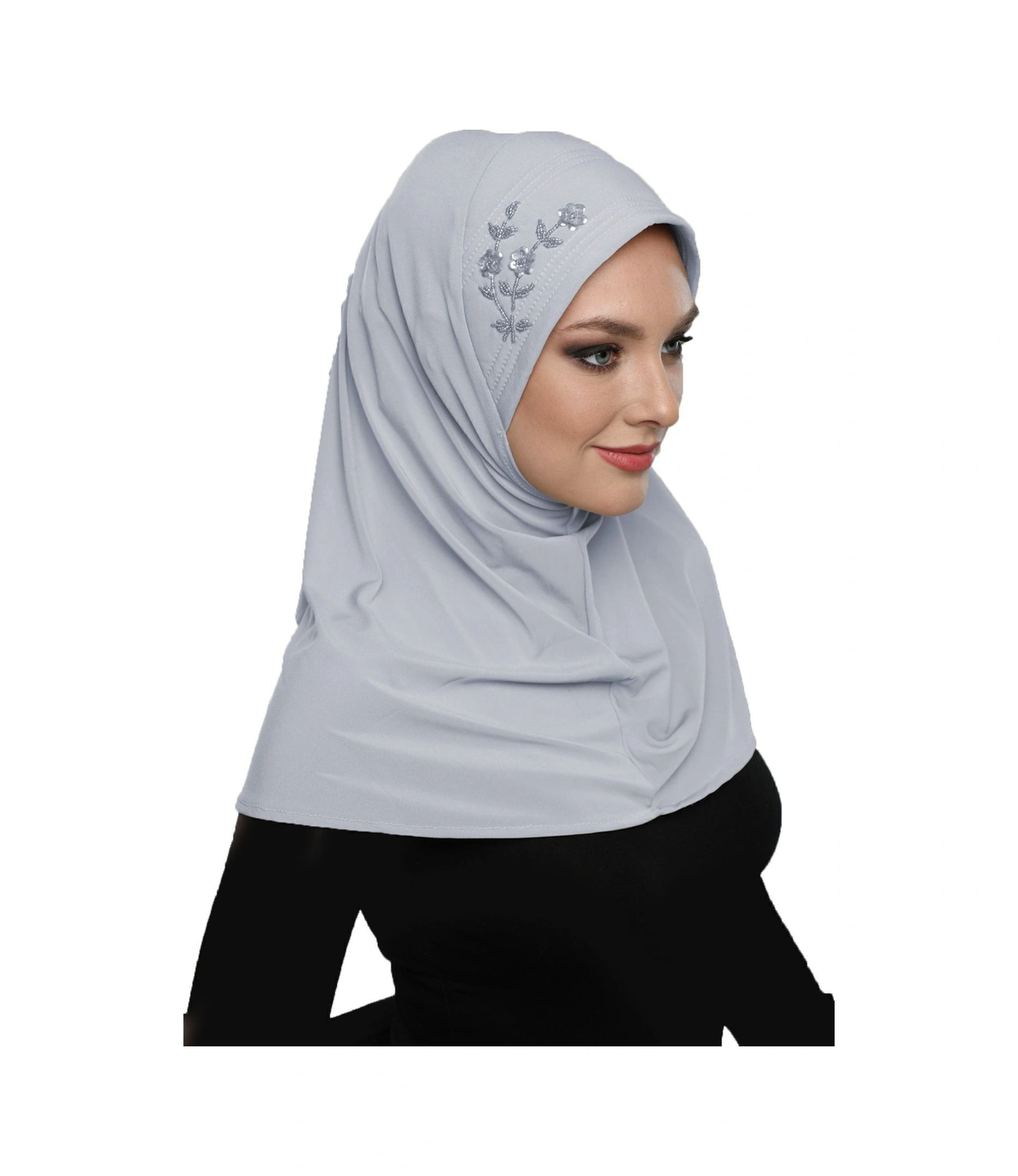 Takmatik Taşlı El Işi Boncuk Işlemeli Açık Gri Hazır Türban Tesettür Bone Namaz Örtüsü Açık Gri