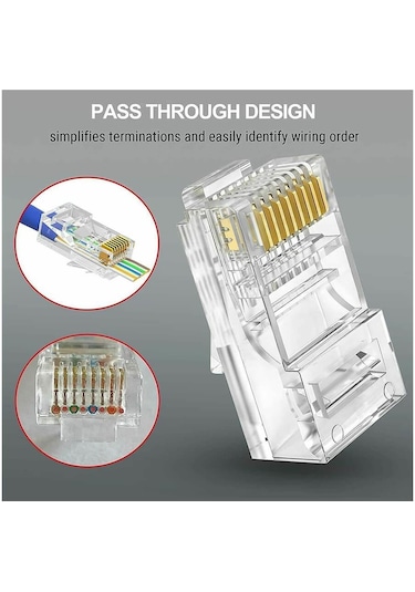 Koodmax - 100 Adet - 3u" 3 Micron Gold Plated Cat6 Ez Rj45 Yeni Nesil Delikli Konnektör Uç Jack