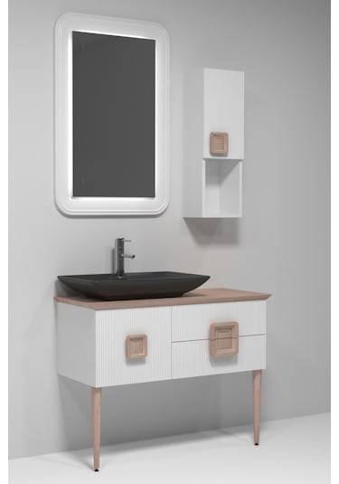 Zürih 100 Cm Antrasit Lavabolu Banyo Dolabi - Beyaz / Kayin Çok Renkli