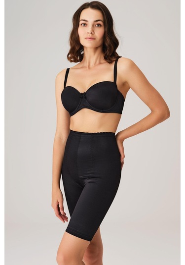 Toparlayıcı Bel Ve Bacak İnceltici Dikişli Uzun Paçalı Orta Bel Sıkı Şort Korse Siyah