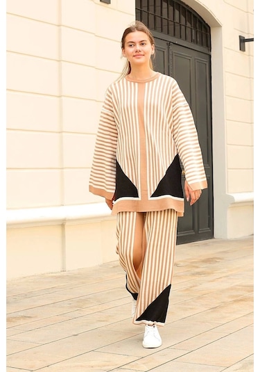 Çizgili Bisiklet Yaka Triko Takım Vizon Vizon