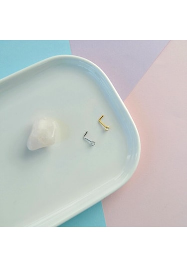 L Model Düşmeyen Çelik Hızma 3 Mm Taşlı Tektaş Burun Piercingi Gold