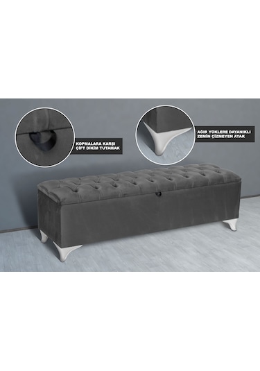 Vetra Sandıklı Bench Puf, Beyaz Gri