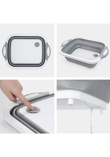 Qu Katlanabilir Sebze Yıkama Sepeti Ve Kesme Tahtası - Gri - 1 Adet