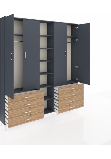 Arges Dolap 10 Raflı 8 Çekmeceli 2 Askılı 220x30x243 Antrasit-antrasit/çam Antrasıt/atlas Çam