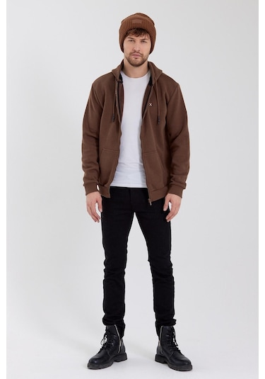 Polostate Erkek Fermuarlı Kanguru Cep 3 İplik Sweatshirt Kahverengi