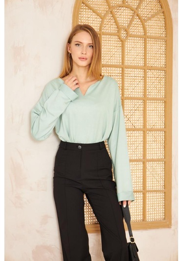 Kadın Ekstra Uzun Duble Kol / Yakası Yırtmaçlı Salaş Sweatshirt Bluz 3470190 Mint