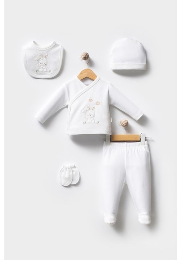 Bebitof %100 Pamuk Sevimli Tavşan Desenli 5 Parça Yenidoğan Hastane Çıkışı Zıbın Seti Bbtf.ekr.20129 Ekru