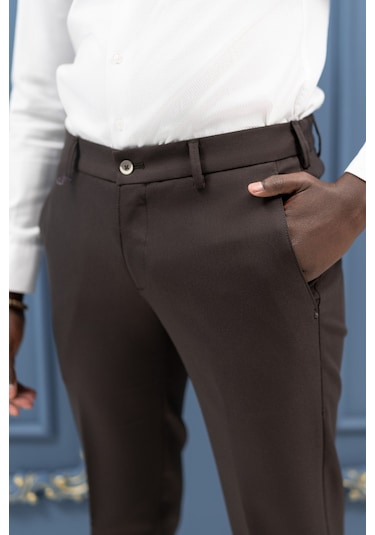 Ecer Slimfit Mevsimlik Fermuar Kapamalı Yan Cepli Kumaş Pantolon Kahverengi