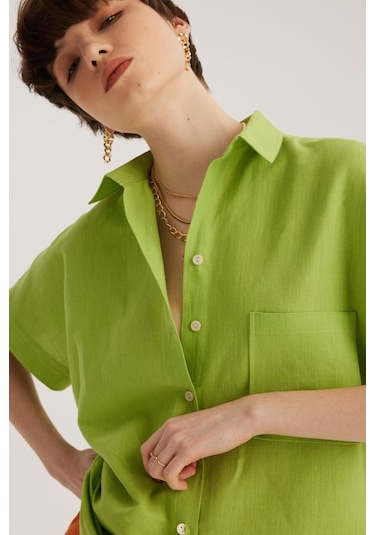 Stella Pulvis Yeşil Keten Karışımlı Tek Cep Düşük Kol Gömlek Yeşil