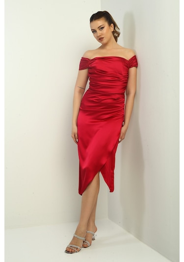 Kadın Madonna Yaka Drapeli Asimetrik Saten Kısa Elbise Mürdüm