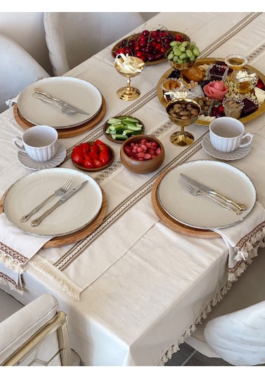 Dnc Home Tekstil Ndchome 8li Amerikan Servis Runner Seti Krem