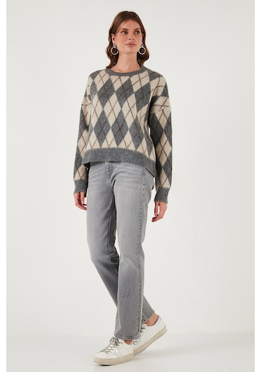 Lela Oversize Fit Bisiklet Yaka Baklava Desenli Yumuşak Dokulu Bayan Kazak 4616223 Gri