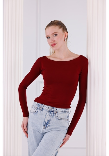 Qscob Buzzy Kumaş Uzun Kollu Kayık Yaka Bluz Bordo