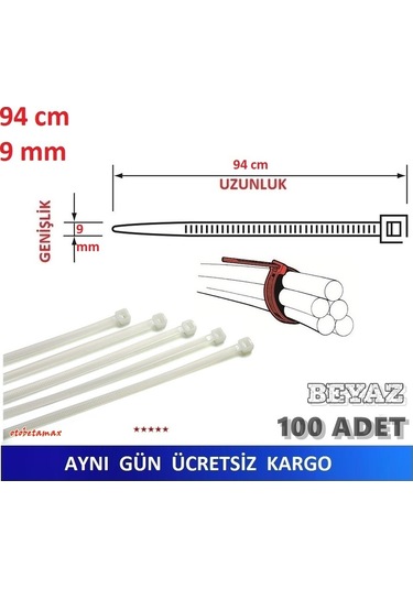 100 Adet Pemsan 94Cm X 9Mm Plastik Cırt Kelepçe Beyaz