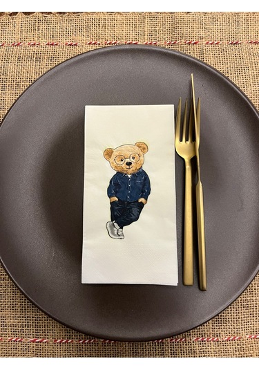 Mavi Gömlekli Sevimli Ayı Baskılı Peçete Beyaz 16 Adet