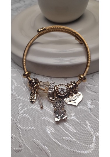 Uzel Çelik Bileklik Sarı Gold Model Beyaz Tavşan Charmlı Beyaz