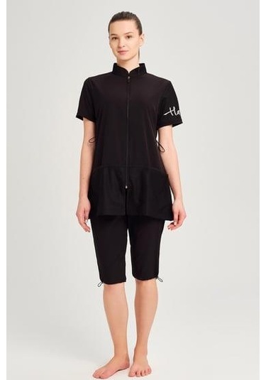 Haşema 2843 Siyah Vizara File Cep Detaylı Kısa Kol Fermuarlı Havuz Mayo Çok Renkli