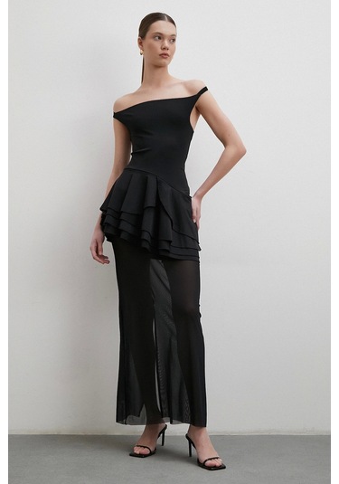 Boyun Askılı Fırfırlı Tül Elbise Siyah Siyah