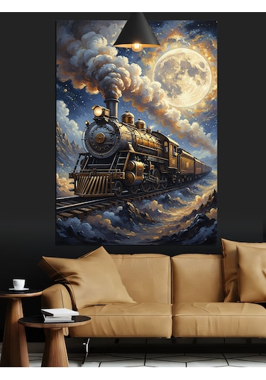 Gece,dolunay Ve Retro Kara Tren Dekoratif Kanvas - Mdf Ahşap Tablo