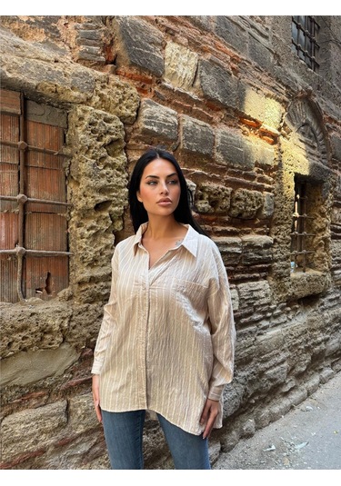 Taş Çizgili Oversize Düğmeli Gömlek Taş