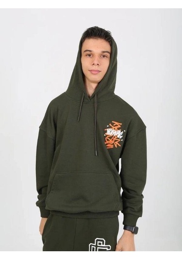 Erkek Çocuk 2 İplik Yazı Detaylı Kapüşonlu Sweatshirt-15232 Haki
