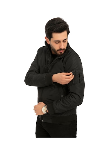 Erkek Siyah İçi Astarlı Dik Yaka Mevsimlik Cepli Su Ve Rüzgar Geçirmez Mont Siyah