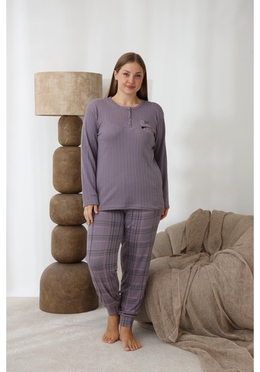 Lindros Kadın Pamuk'lu Düğme Yaka Raporlu İnterlok Kışlık Battal Pijama Takımı 0267 - 1 Adet Füme