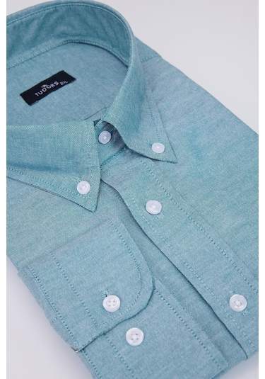 Tudors Büyük Beden Oxford Doku Yaka Düğmeli Cepli Nakışlı Petrol Erkek Gömlek-30425-petrol Petrol