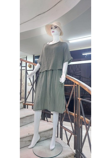 İtalyan Müslin Keteni Üstü File Bluzlu Astarlı Tek Parça Elbise Haki