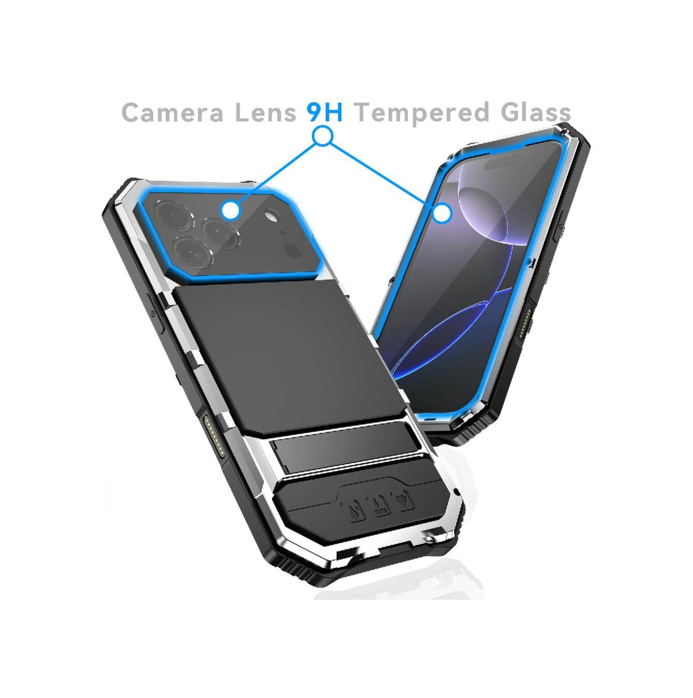 İphone 17 Pro Max İçin Metal Kılıf 360 Tam Vücut Koruyucu Kapak Standlı Ağır Hizmet Dayanıklı Şok Geçirmez Cam Ekran Koruyucu