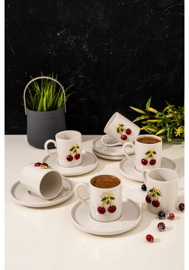 Mest 6 Kişilik Kiraz Model 12 Parça Porselen Kahve Fincan Takımı - Şık Kahve Fincan Seti 120 Ml Beyaz