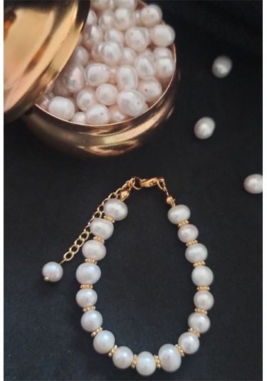 24k Altın Kaplama Gerçek İnci Ara Detaylı Tasarım Bileklik Beyaz Gold