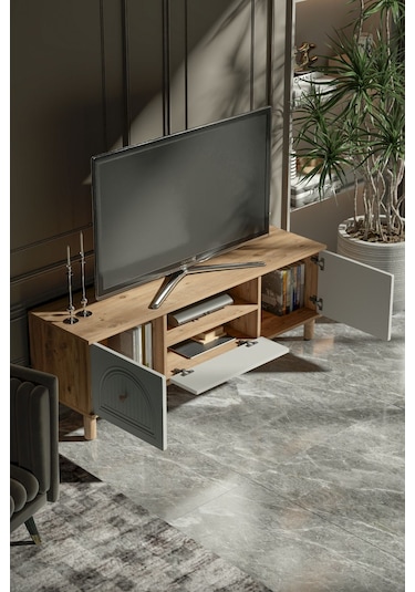 Bohem Tv Ünitesi 150 Cm Çizgili Kapak Kısa Kahverengi