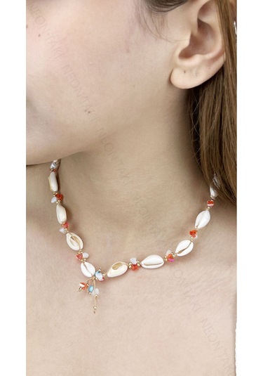 Midye Kabuklu, Turuncu Taşlı, Yaz Kolyesi 394, Altın Renk Çok REnkli